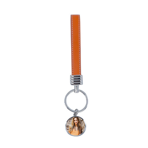 Round Keyring with Leather Hand Chain - Orange