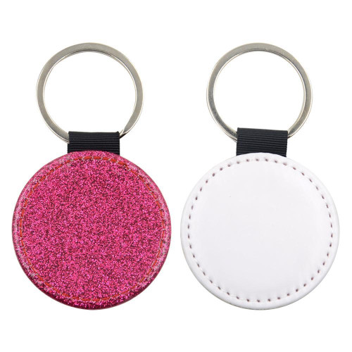 Round Pink Glitter - PU Leather Keyring