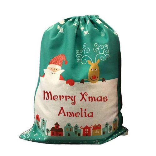 Pre-Printed Linen Drawstring Xmas Sack - 30 x 40 cm - Green Small