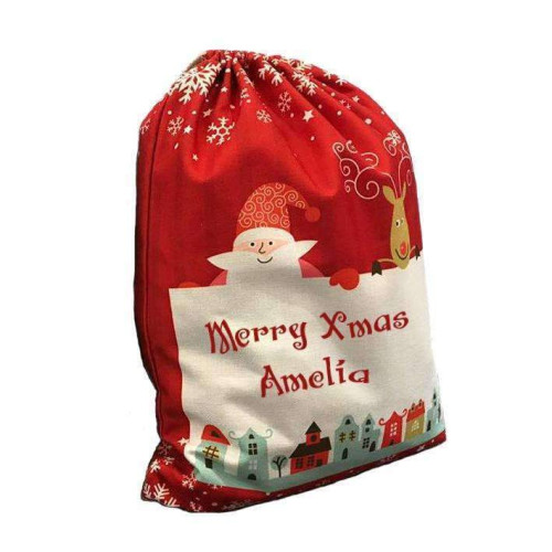 Pre-Printed Linen drawstring Xmas Sack - 30 x 40 cm - Red Small