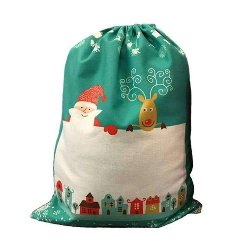 Pre-Printed Linen Drawstring Xmas Sack - 50 x 66 cm - Green Large