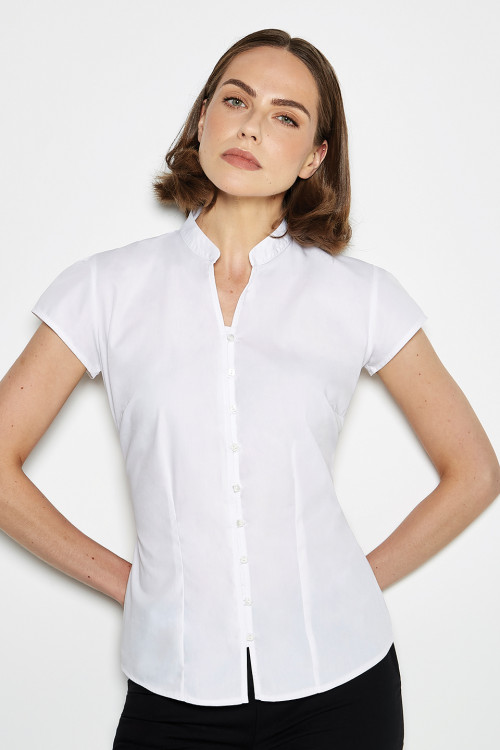 Womens Continental Blouse Mandarin Collar Cap Sleeve (Tailored Fit)