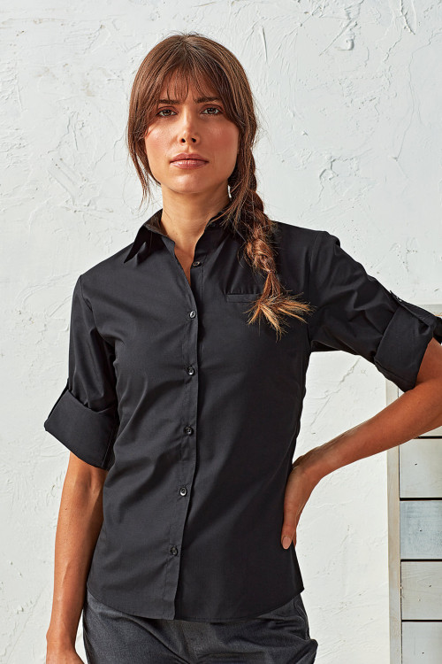 Womens Roll Sleeve Poplin Blouse