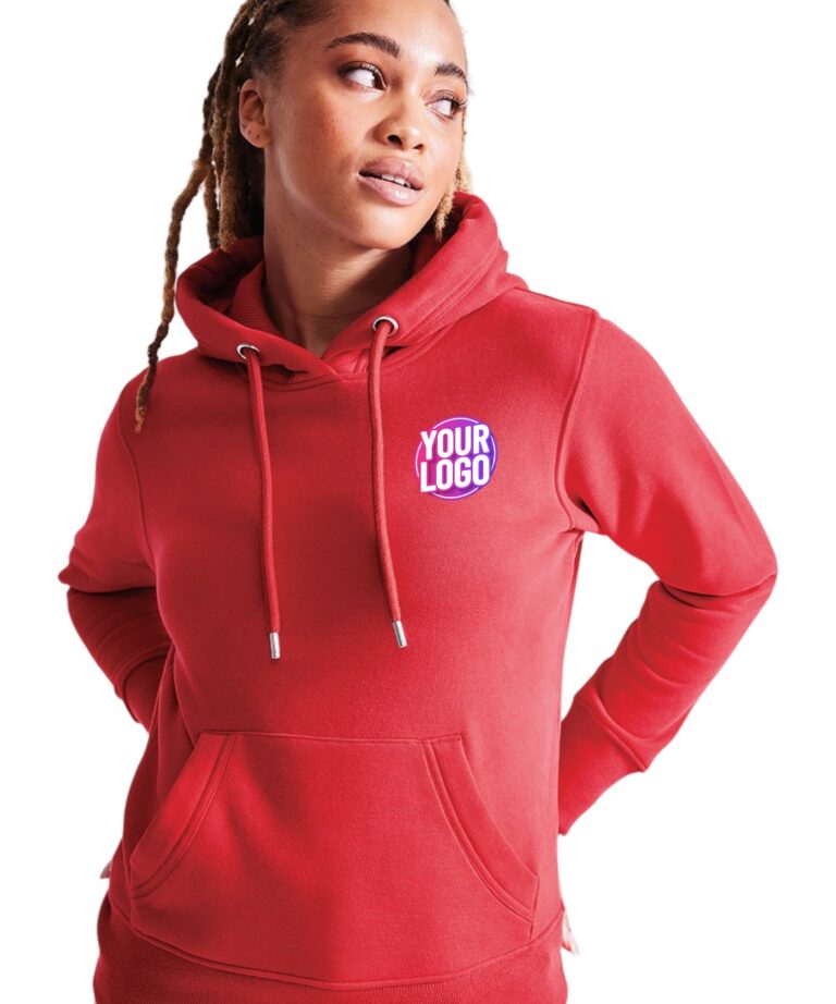 a woman in a red sweatshirt