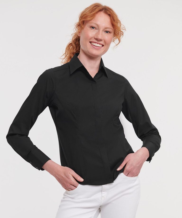Russell Collection &#8211; Womens Long Sleeve Polycotton Easycare Fitted Poplin Shirt J924F, Vivid Promotion Workwear