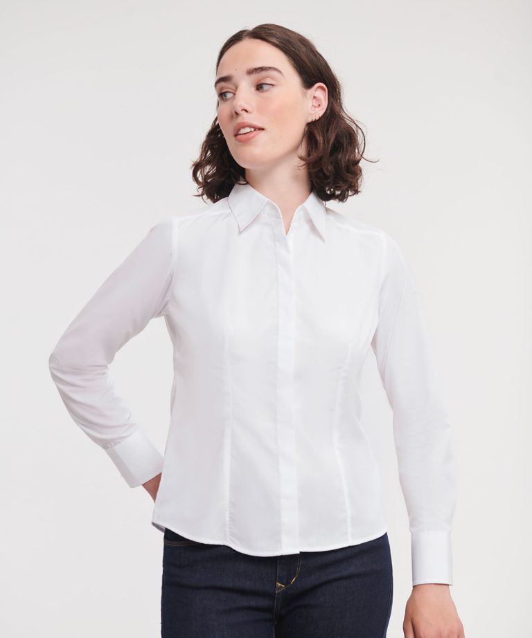 Russell Collection &#8211; Womens Long Sleeve Polycotton Easycare Fitted Poplin Shirt J924F, Vivid Promotion Workwear