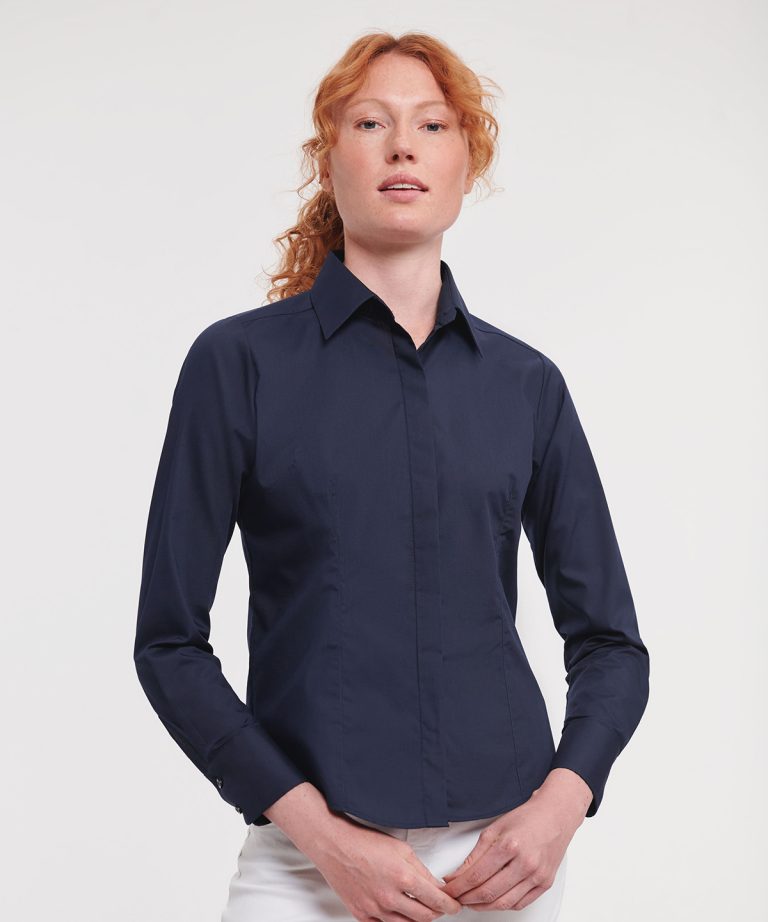 Russell Collection &#8211; Womens Long Sleeve Polycotton Easycare Fitted Poplin Shirt J924F, Vivid Promotion Workwear
