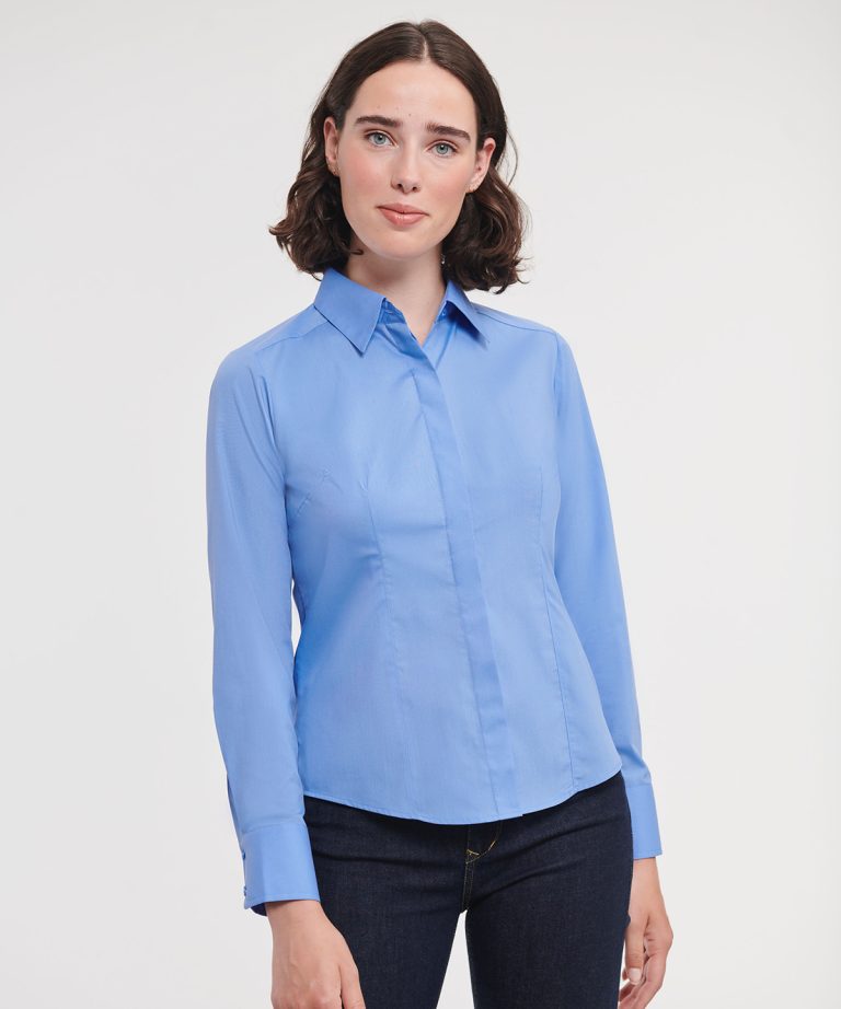 Russell Collection - Womens Long Sleeve Polycotton Easycare Fitted Poplin Shirt J924F