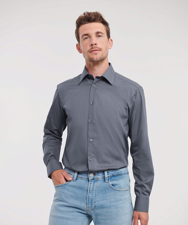 Russell Collection &#8211; Long Sleeve Polycotton Easycare Fitted Poplin Shirt J924M, Vivid Promotion Workwear