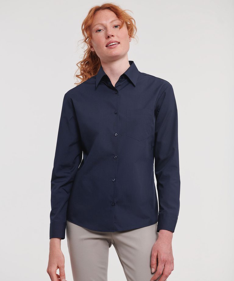 Russell Collection &#8211; Womens Long Sleeve Polycotton Easycare Poplin Shirt J934F, Vivid Promotion Workwear