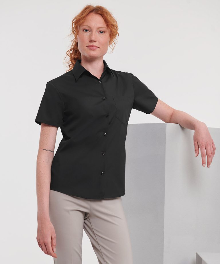 Russell Collection &#8211; Womens Short Sleeve Polycotton Easycare Poplin Shirt J935F, Vivid Promotion Workwear