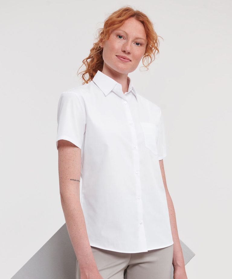 Russell Collection &#8211; Womens Short Sleeve Polycotton Easycare Poplin Shirt J935F, Vivid Promotion Workwear