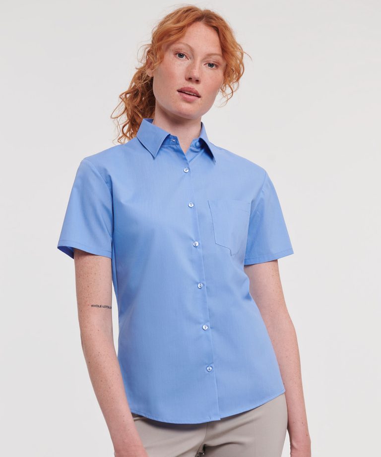 Russell Collection &#8211; Womens Short Sleeve Polycotton Easycare Poplin Shirt J935F, Vivid Promotion Workwear