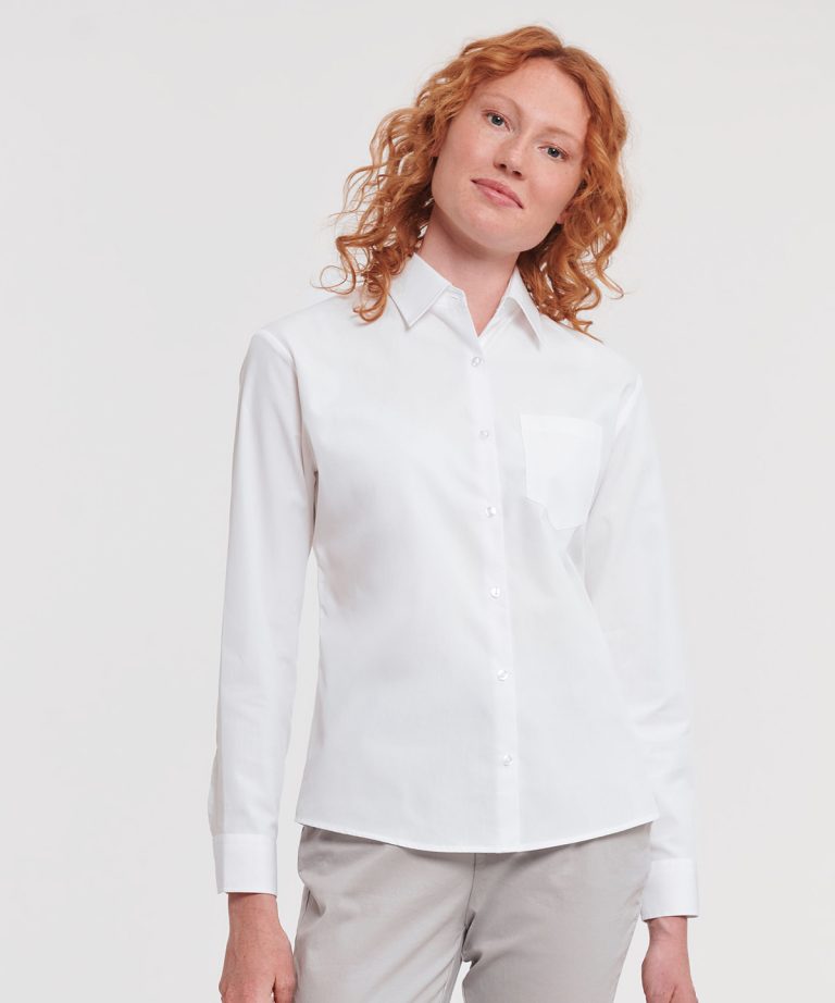 Russell Collection &#8211; Womens Long Sleeve 100% Cotton Poplin Shirt J936F, Vivid Promotion Workwear