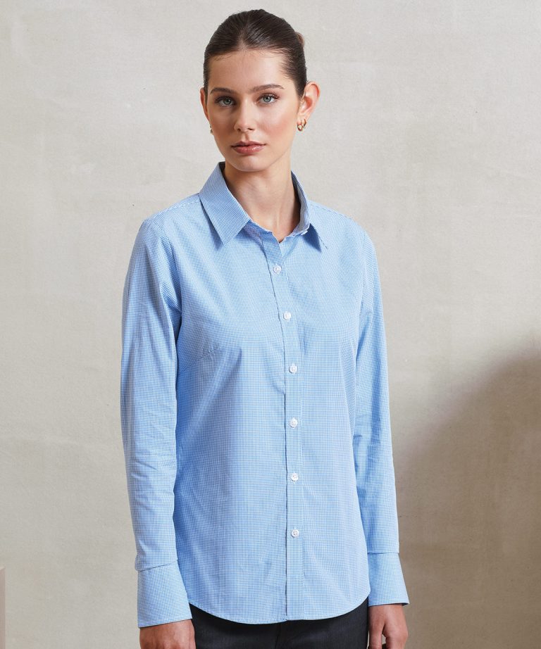 Premier &#8211; Womens Microcheck (Gingham) Long Sleeve Cotton Shirt PR320, Vivid Promotion Workwear