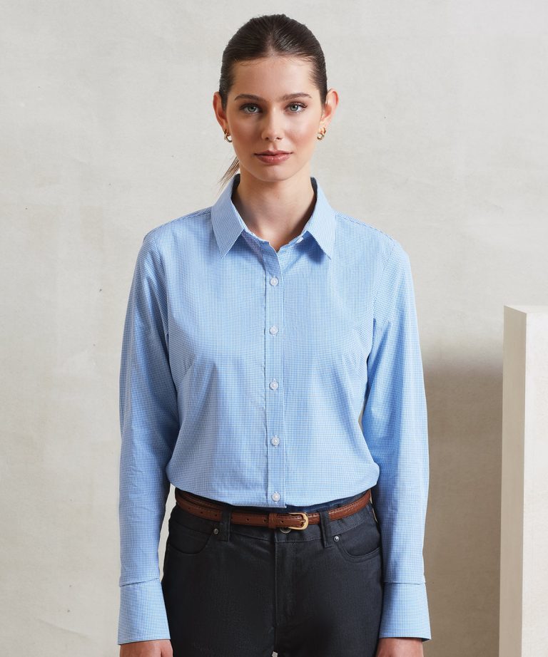 Premier &#8211; Womens Microcheck (Gingham) Long Sleeve Cotton Shirt PR320, Vivid Promotion Workwear