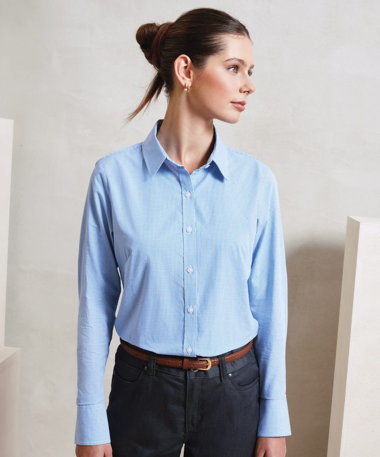 Premier &#8211; Womens Microcheck (Gingham) Long Sleeve Cotton Shirt PR320, Vivid Promotion Workwear