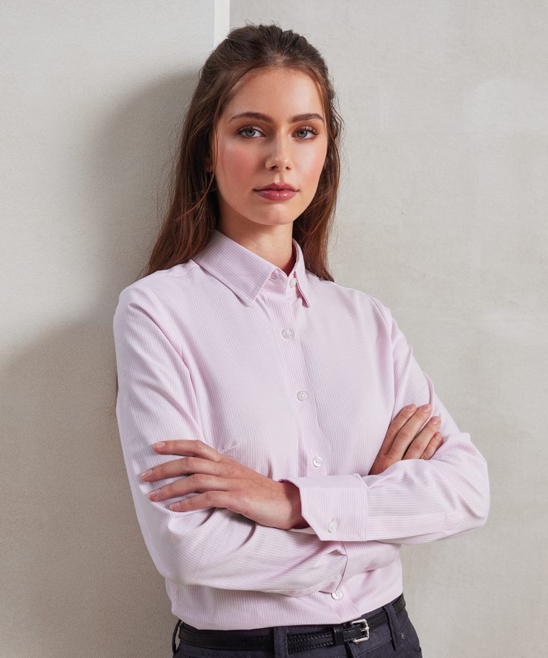 Premier &#8211; Womens Cotton Rich Oxford Stripes Blouse PR338, Vivid Promotion Workwear