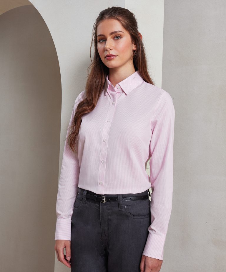 Premier &#8211; Womens Cotton Rich Oxford Stripes Blouse PR338, Vivid Promotion Workwear