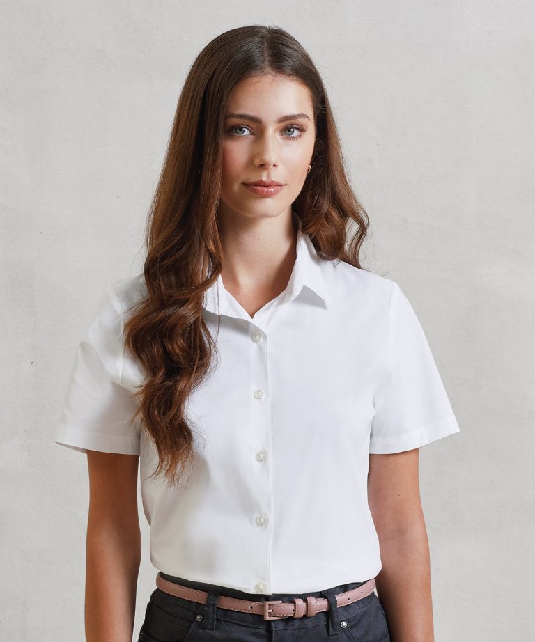 Premier &#8211; Womens Stretch Fit Cotton Poplin Short Sleeve Blouse PR346, Vivid Promotion Workwear