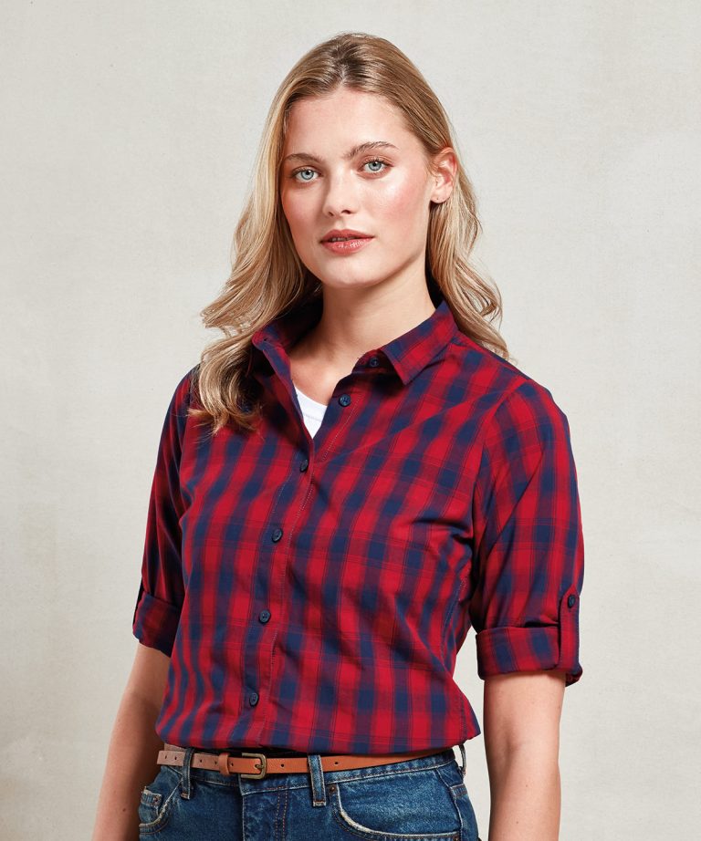 Premier - Womens Mulligan Check Cotton Long Sleeve Shirt PR350