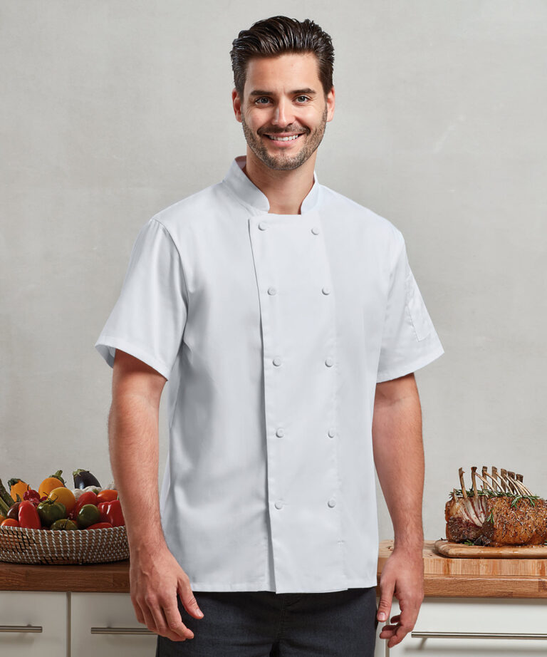 Premier Chefs Coolchecker short sleeve jacket PR902, Vivid Promotion Workwear