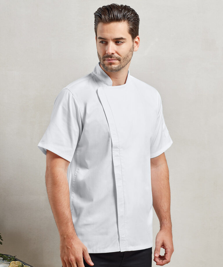 Premier Chef&#8217;s zip close short sleeve jacket PR906, Vivid Promotion Workwear