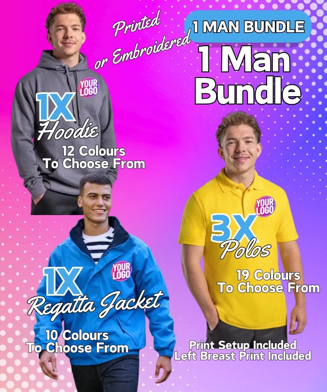1 Man Bundle 3x Polo | 1x Hoodie | 1x Regatta Jacket, Vivid Promotion Workwear