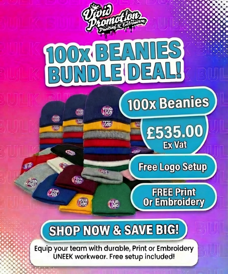 100x Workwear Beanie Hats Embroidered or Printed