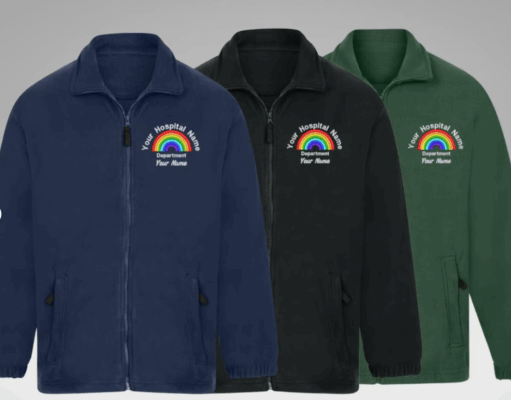 NHS Fleeces in Blue, Green, Black and many more colours. All have Rainbow and NHS Logo on them with your name and department. 