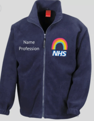 NHS Fleece Jacket Zipped in Blue with NHS Logo and Rainbow on it