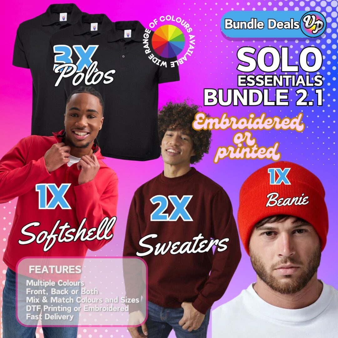 1 Man Bundle 3x Tshirts | 2x Sweater | 1x Softshell |1x Beanie Custom Workwear, Vivid Promotion Workwear