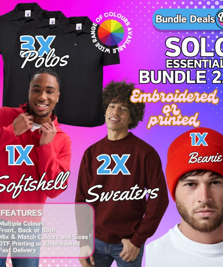 bundle deal image for 3 polos 1 sofshell 2 sweaters and a beanie hat