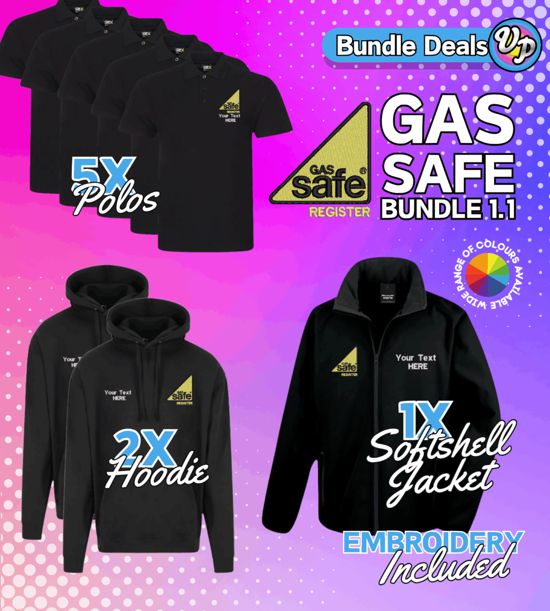 Gas Safe Bundle 1.1 5x Polos | 2x Hoodie | 1x Softshell | Custom Workwear, Vivid Promotion Workwear