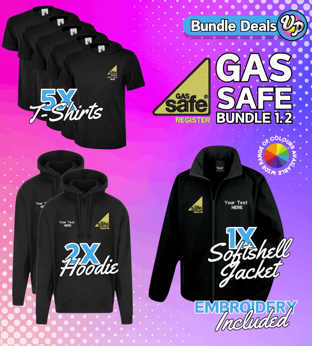 Gas Safe Bundle 1.2 5x Polos | 2x Hoodie | 1x Softshell | Custom Workwear, Vivid Promotion Workwear