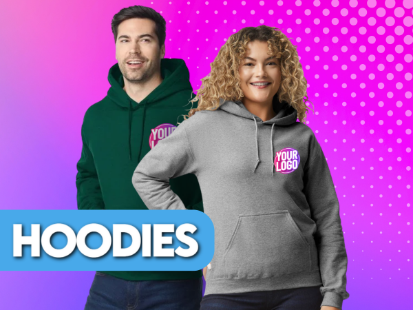 Hoodies Product Category Man and woman wearing hoodies with personalised logo on left chest