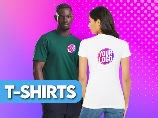 t-shirts Product Category Man and woman wearing t-shirts with personalised logo on left chest