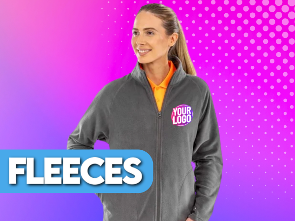 Fleeces category page woman wearing grey fleece with personalised logo on left chest