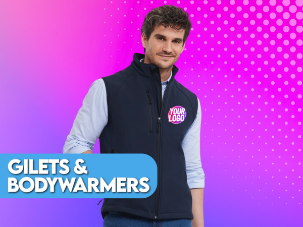 Gilets and bodywarmers product category man wearing navy gilet with personalised logo on left chest