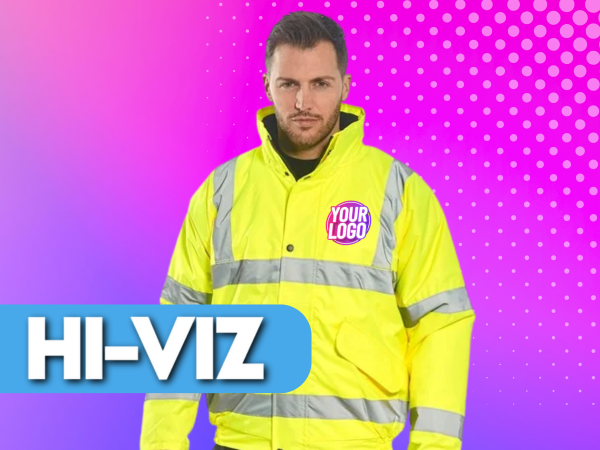 Hi-Viz product category safetywear high visibility man wearing flourescent yellow hi-vis bomber jacket with logo on left chest