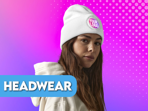 Headwear category woman wearing beanie hat with personalised logo on front