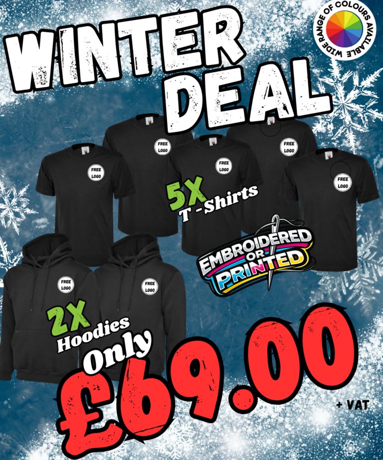 Workwear bundle deal with free logo setup: 5 Uneek UC101 polos and 2 Uneek UX4 hoodies