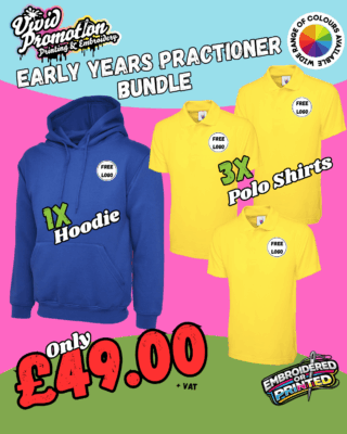 Child Care Staff Uniform Bundle | 3 UC101 Polos + UX4 Hoodie | £49, Vivid Promotion Workwear Child Care Staff Uniform Bundle | 3 UC101 Polos + UX4 Hoodie | £49, Vivid Promotion Workwear