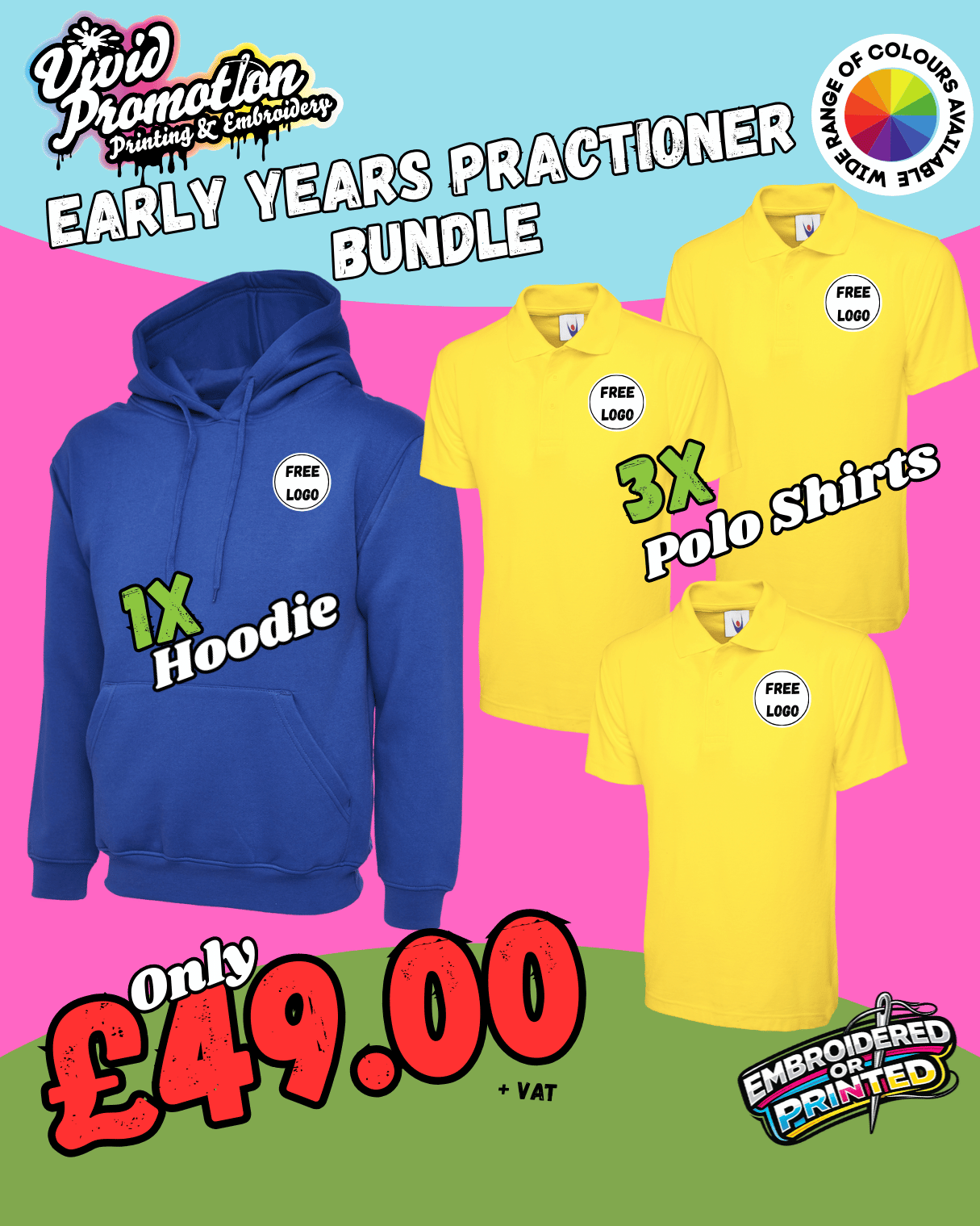 Child Care Staff Uniform Bundle | 3 UC101 Polos + UX4 Hoodie | £49, Vivid Promotion Workwear Child Care Staff Uniform Bundle | 3 UC101 Polos + UX4 Hoodie | £49, Vivid Promotion Workwear